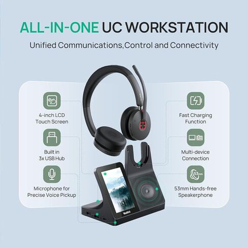 سماعة رأس Yealink WH68 Workstation DECT اللاسلكية مع شاشة لمس 4 بوصات، 4 ميكروفون ANC هجين، نطاق 606 قدمًا، محطة عمل الكل في واحد مع مكبر صوت، سماعة مكتب محور USB 3X للهاتف المكتبي والكمبيوتر والهاتف المحمول in Saudi Arabia