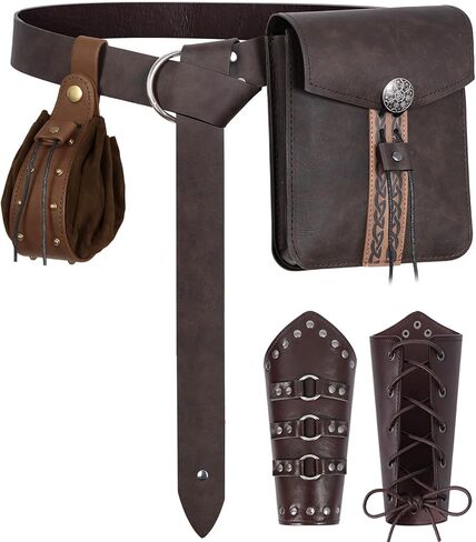 Renaissance Medieval Belt Pouch Set - Viking Accessories with Waist Bag, Purse & Leather Bracers for Halloween, LARP (Brown) in Kuwait