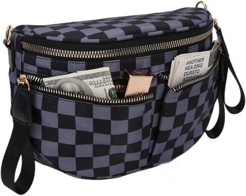 Checkered Crossbody Bum Bags Large Checkerboard Fanny Pack Double Zipper Purse Wallet for Travel in Kuwait