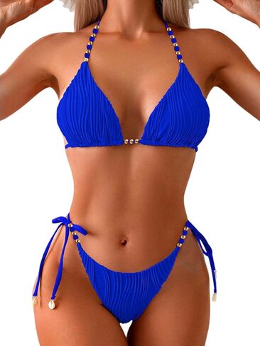 Women's Ribbed Two Piece Adjustable Triangle Beads Shoulder Strap Bikini Set Sexy Bathing Swimsuits in Saudi Arabia
