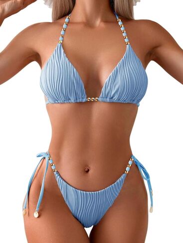 Women's Ribbed Two Piece Adjustable Triangle Beads Shoulder Strap Bikini Set Sexy Bathing Swimsuits in Saudi Arabia