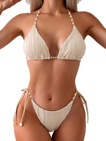 Women's Ribbed Two Piece Adjustable Triangle Beads Shoulder Strap Bikini Set Sexy Bathing Swimsuits in Saudi Arabia
