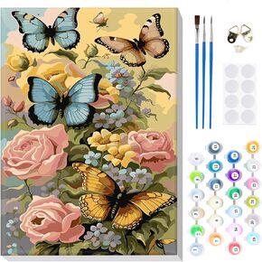 MOGTAA Framed Paint by Number Kits for Adults Beginners, Butterfly Paint by Number for Adults on Canvas Framed, DIY Flowers Oil Painting Kits Art Painting with Wooden Frame(12x16inch) in Kuwait