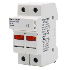 Heschen RT18-32(X) 32A AC690V 2 Pole DIN Rail Mount Cylindrical Fuse Holder for RT18 RO15 Fuse 10x38mm CE UL Compliant