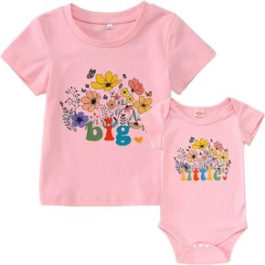 IZYJOY Big Little Matching Outfits Cute Wildflower Graphic Toddler Baby Girl Shirt Newborn Bodysuit Announcement Sibling Set