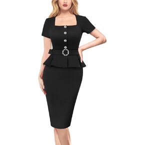 VFSHOW Womens 2024 Business Work Office Square Neck Belted Peplum Buttons Slim Bodycon Sheath Dress