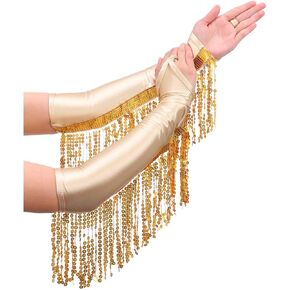 CASDRE Long Fingerless Satin Gloves Sequin Tassel Bridal Gloves Elbow Length 1920s Opera Cosplay Gloves for Women and Girls