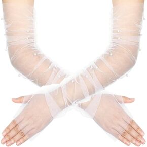 zeasciosd Women's Long Ruched Fingerless Gloves with Pearl Sheer Tulle Mesh Pearl Gloves for Wedding Bridal Opera Party