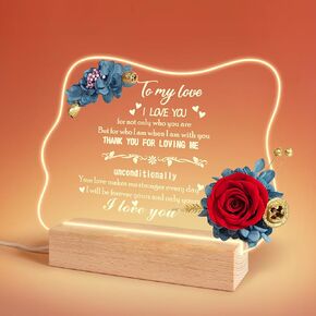 Sunia Night Light Preserved Flowers Rose, Birthday Gifts for Women Wife Mom Husband Girlfriend Boyfriend, Acrylic Engraved Anniversary Wedding Gifts for Couple I Love You