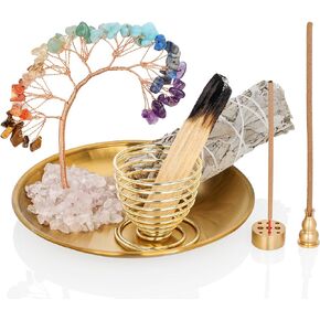 ZenBless 7 Chakra Crystal Tree Incense Holder Palo Santo Holder Sage Burner 5.5 inches Brass Ash Catcher for Incense Sticks/Coil Incense/Incense Cones Yoga Meditation Zen Spiritual Room Home Decor