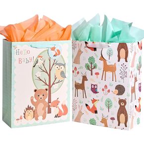 SUNCOLOR 16.5" Extra Large Gift Bags for Baby Shower with Tissue Paper(2 Pack, Hello Baby!)