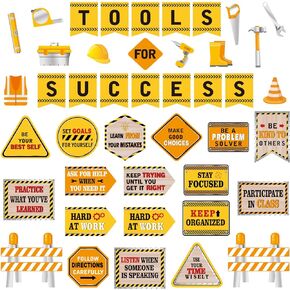 Outus 47 Pcs Construction Bulletin Board Set Construction Theme Cutouts Tools for Success Classroom Decorations for Kid Students Back to School Gifts Construction Birthday Party Supplies