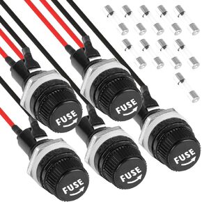 Jawfait 5Pcs Fuse Holder Panel Mount 5 * 20mm with 10pcs Glass Fuse Tube (10A+15A) Circuit Breaker Round Spiral Screw Cap Fuse Holder Welding Wire Fast Blow Glass Fuse Kit AC 250V 10A/AC 125V 15A