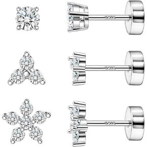 XOZEU 20G Hypoallergenic 925 Sterling Silver Post Earrings Flat Back Stud Earrings Tiny Ball Flower Cubic Zirconia Stud Earrings Sleeper Earlobe Cartilage Earrings for Women Teens