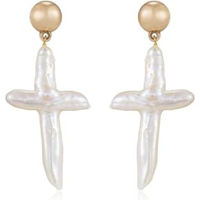 Ettika Gold Earrings for Women. Pearl Earrings, Organic Freshwater Pearl Cross And 18k Gold Plated Stud Dangle Earrings. Jewelry