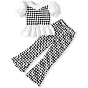 HIHA Toddler Girls Summer Outfit Puff Sleeve Ruffle Tops Flare Pants Clothes 2 Piece Clothing
