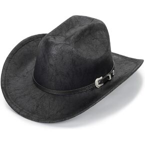 Women-Men Classic-Western Cowboy-Hat - Wide-Brim Pu Leather Cowgirl Cap Fedora Hats with Buckle Outback for Outdoor