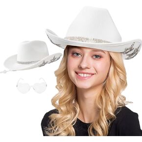 Peicees Cowboy Hat with Heart Shaped Sunglasses for Women Girls Shiny Rhinestone Cowgirl Felt Hat for Western Party Costumes