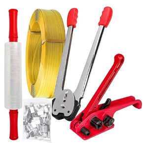 Pallet Banding Strapping Kit - Tensioner Sealer Tool with Stretch Film, Hand Grade Poly Strap, Semi-Open Seals, Complete Strapping Banding Packing Kit, 320' Length x 1/2" Wide Belt for Packing