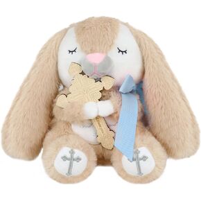 Prayer Bunny Stuffed Animal with Wooden Praying Cross Baptism Gifts for Newborn Baby, Boys and Girls Enduring Comfort 8.5 inches (Blue)