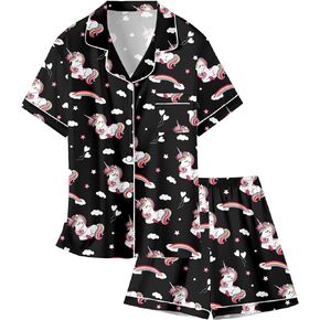Schbbbta Satin Pajamas for Girls, 2 Pcs Sleepwear Button-Down Short Sleeve Silk Summer Pajama Set for Girls, Rainbow Black, 4-5 Years = Tag 120