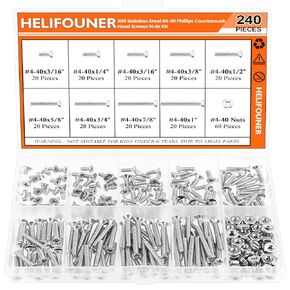 HELIFOUNER 200 Pieces #8-32 Phillips Countersunk Head Machine Screws Nuts Washers Assortment Kit, Coarse Thread, Fully Machine Threaded, 304 Stainless Steel