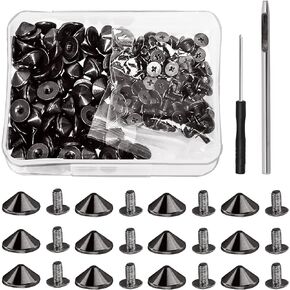Tanstic 100 Sets(202Pcs) Gun Black Cone Spikes and Studs Assortment Kit, 10 x 4.7mm Metal Spikes and Studs Bullet Cone Spikes Studs Screw Back Punk Studs with Installation Tools for Leather Craft