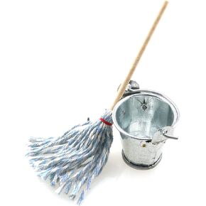 TAODAN Mini Cleaning SetFloor Mop with Galvanized Bucket 1Set Miniature 1:12 Scale Fairy Garden Furniture Retro Vintage Mop with Bucket Dollhouse Miniature Doll Furniture Accessories Gifts