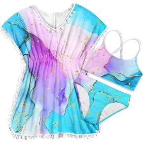 Girls Bathing Suit Cover Ups Kids Marble Swimsuits Size 8 Bule Bikini 3 Piece Set Purple Beach Tankini Swim Outfits Pom Tassel