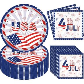 96 PCS 4th Of July Party Decorations, Disposable Patriotic Flag Patterned Independence Day Paper Plates and Napkins Tableware Set for The National Celebration of The Fourth Of July Party Supplies