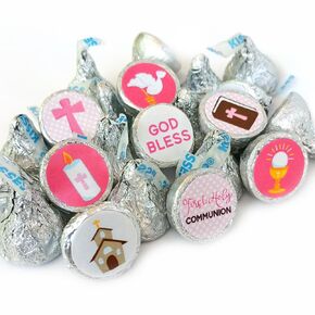 Girl First Holy Communion Labels for Hershey Kisses Chocolates by Adore By Nat - Pink Candy Sticker Favors - Set of 240