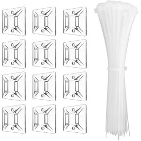Kanemc 240Pcs Clear Cable Ties Mounts, 5.9'' Heavy Duty Zip Ties 120Pcs + 3/4" Adhesive Cable Holders 120Pcs, Self Locking Nylon Wire Ties Screw Hole Squares Anchor For Cord Organizer (Transparent)