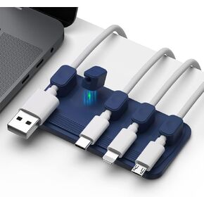 Magnetic Cable Management, Cable Holder for Desktop Multipurpose Cord Keeper, 5 Clips(OD 3.0-4.2mm) for Lightning, USB-C, Micro Cable, Other Wires, Sticks to Wood, Marble, Metal, Glass (Blue)