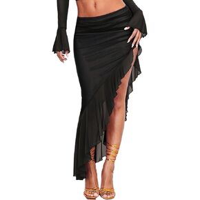 AGECODE Women's High Waisted Asymmetrical Ruched Mesh Flowy Ruffle Trim Midi Long Skirt