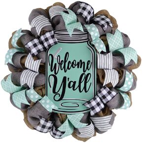 Welcome Y'all Mason Jar Wreath | Grey Burlap Spring Decor | Wedding Gift | Mint Black White