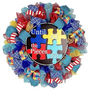 Autism Awareness Door Wreath - Until All the Pieces Fit Puzzle Piece Door Decor - Blue Red Yellow Turquoise