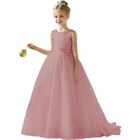 JISISANG Pearls Satin Tulle Flower Girl Dress for Wedding Princess Pageant Communion Dress Kids Prom Ball Gowns with Bow-Knot