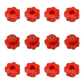 MOROBOR M6 Star Knob Knurled Thread Clamping Knob, Red Plastic Through Hole Set Brass Female Threaded Nut Pack of 12, Screw-On Handle Clamping Knob for Mechanical Equipment Use