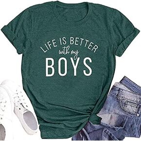 تي شيرت Omzura للسيدات لعيد الأم، الحياة أفضل مع My Boys، تي شيرت جرافيك مضحك ليوبارد بوي ماما بأكمام قصيرة