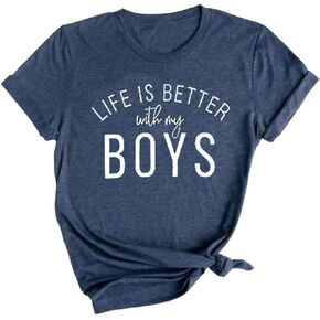 omzura Womens Mother's Day T-Shirt Life is Better with My Boys Graphic Tee Funny Leopard Boy Mama Short Sleeve