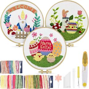 TINDTOP Embroidery Kit for Adult Beginners, 3 Sets Embroidery Stitch Practice kit Include Embroidery Cloth Hoops Threads for Craft Lover Hand Stitch