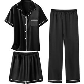 Schbbbta Silk Pajama Sets Girls Satin Sleepwear Summer 3 Pieces Button Down Nightwear, Black, 5-6 Years = Tag 130