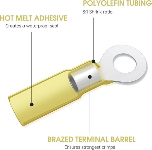 50 حزمة من أطراف الحلقة القابلة للانكماش الحراري - 5/16 بوصة - موصلات أسلاك الانكماش الحراري من الدرجة البحرية الصفراء 12-10 AWG - موصلات أسلاك العيينة النحاسية الحمراء المعلبة in Kuwait