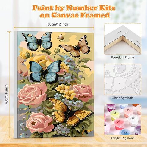 MOGTAA Framed Paint by Number Kits for Adults Beginners, Butterfly Paint by Number for Adults on Canvas Framed, DIY Flowers Oil Painting Kits Art Painting with Wooden Frame(12x16inch) in Kuwait