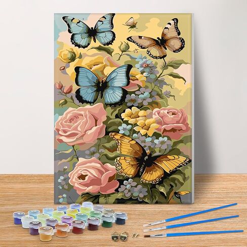MOGTAA Framed Paint by Number Kits for Adults Beginners, Butterfly Paint by Number for Adults on Canvas Framed, DIY Flowers Oil Painting Kits Art Painting with Wooden Frame(12x16inch) in Kuwait