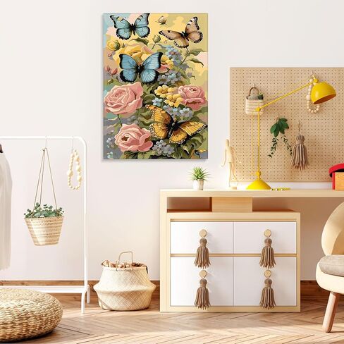 MOGTAA Framed Paint by Number Kits for Adults Beginners, Butterfly Paint by Number for Adults on Canvas Framed, DIY Flowers Oil Painting Kits Art Painting with Wooden Frame(12x16inch) in Kuwait