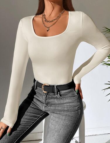 قميص Ekouaer Petite نسائي برقبة واسعة وأكمام طويلة وضيق، قميص أساسي بقصة ضيقة، قميص داخلي بيج، قمصان حرارية ناعمة، بيج XS in Kuwait