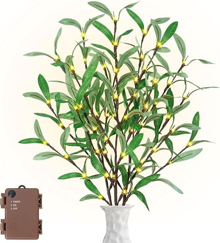 TiYiViRi Lighted Olive Branches - 30 Inch Light Up Olive Stems with 60 LED Lights, 120 Leaves, Timer Battery Operated Lighted Branches for Vases, Prelit Artificial Greenery for Home Spring Decoration in Saudi Arabia
