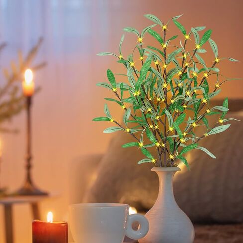 TiYiViRi Lighted Olive Branches - 30 Inch Light Up Olive Stems with 60 LED Lights, 120 Leaves, Timer Battery Operated Lighted Branches for Vases, Prelit Artificial Greenery for Home Spring Decoration in Saudi Arabia