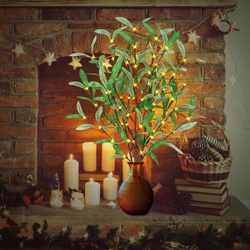 TiYiViRi Lighted Olive Branches - 30 Inch Light Up Olive Stems with 60 LED Lights, 120 Leaves, Timer Battery Operated Lighted Branches for Vases, Prelit Artificial Greenery for Home Spring Decoration in Saudi Arabia